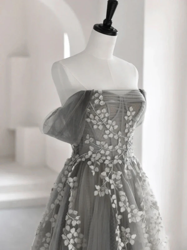 Chic / Beautiful Grey Lace Flower Prom Dresses 2024 A-Line / Princess Strapless Sleeveless Backless Floor-Length / Long Formal Dresses