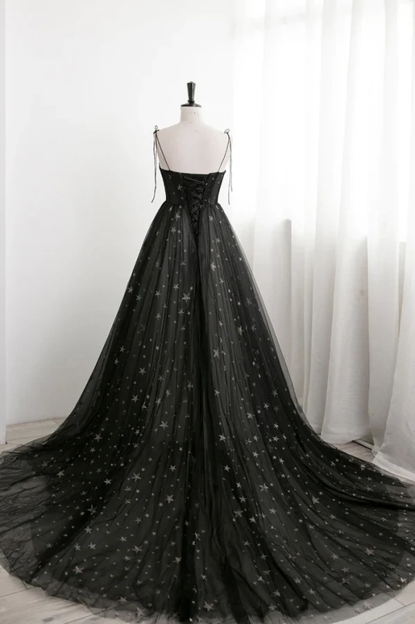 Fashion Black Star Sequins Prom Dresses 2024 A-Line / Princess Spaghetti Straps Sleeveless Backless Floor-Length / Long Formal Dresses