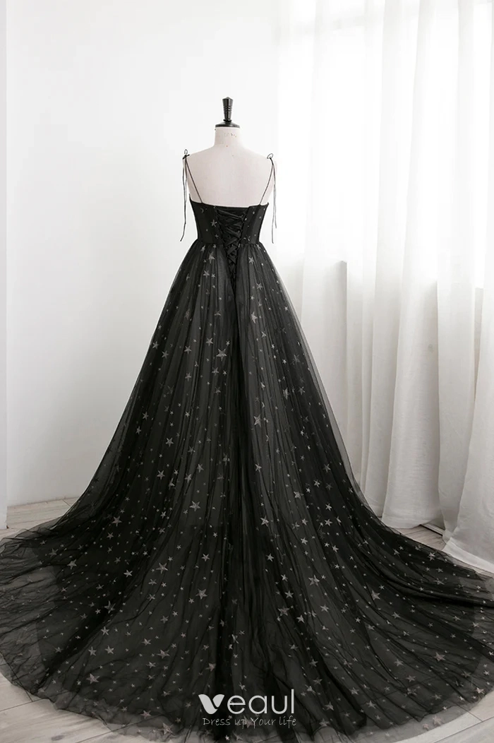 Spaghetti Straps A-line Black Long Prom Dresses, Glitter Newest 2022 Prom Dresses, Fashion Evening Party Dresses