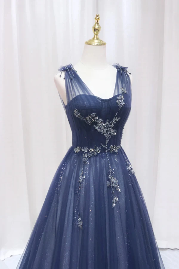 Vintage / Retro Navy Blue Beading Sequins Prom Dresses 2024 A-Line / Princess U-Neck Sleeveless Backless Sweep Train Prom Formal Dresses