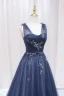 Vintage / Retro Navy Blue Beading Sequins Prom Dresses 2024 A-Line / Princess U-Neck Sleeveless Backless Sweep Train Prom Formal Dresses