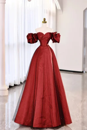 Fashion Burgundy Spotted Prom Dresses 2024 A Line Princess Off The Shoulder Puffy Short Sleeve Backless Floor Length Long Prom Formal Dresses