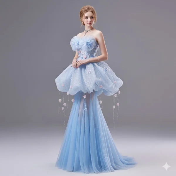 Fashion Sky Blue Appliques Butterfly Pearl Sequins Rhinestone Prom Dresses 2026 A-Line / Princess Strapless Sleeveless Backless Floor-Length / Long Formal Dresses