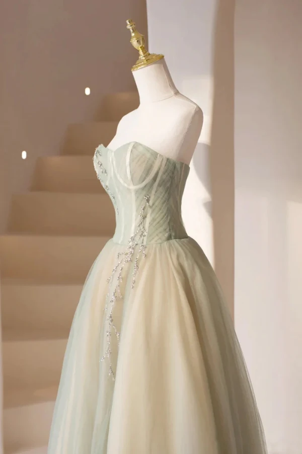 Charming Sage Green Beading Prom Dresses 2024 A-Line / Princess Strapless Sleeveless Backless Floor-Length / Long Formal Dresses