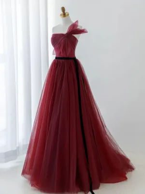 Foldable Burgundy Sash Prom Dresses 2024 A Line Princess Strapless Sleeveless Backless Sweep Train Formal Dresses