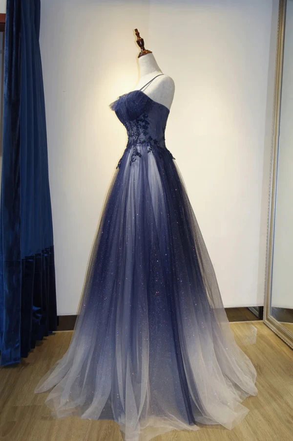 Vintage / Originale Bleu Marine Perlage Paillettes En Dentelle Fleur Robe De Bal 2024 Princesse Bretelles Spaghetti Sans Manches Dos Nu Longue Robe De Ceremonie