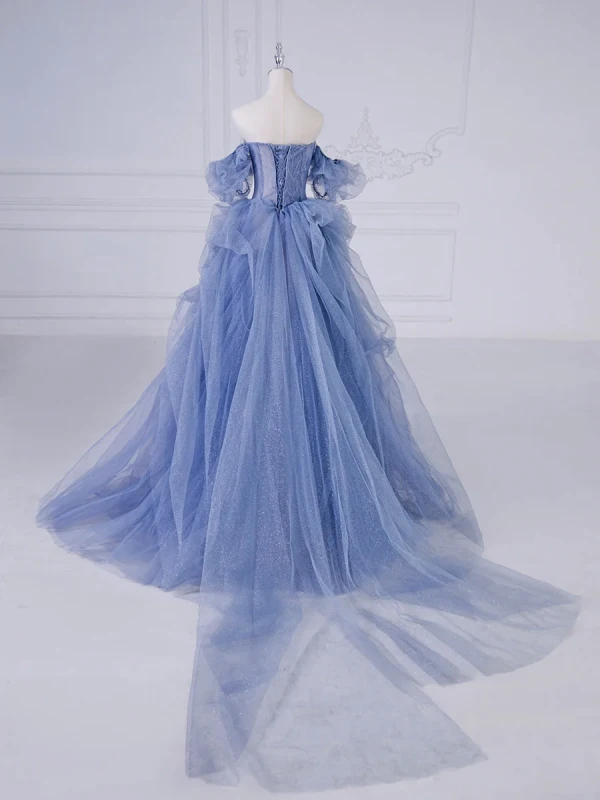 Chic / Beautiful Pool Blue Beading Pearl Cascading Ruffles Prom Dresses 2024 Ball Gown Off-The-Shoulder Short Sleeve Backless Floor-Length / Long Prom Formal Dresses