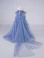 Chic / Beautiful Pool Blue Beading Pearl Cascading Ruffles Prom Dresses 2024 Ball Gown Off-The-Shoulder Short Sleeve Backless Floor-Length / Long Prom Formal Dresses