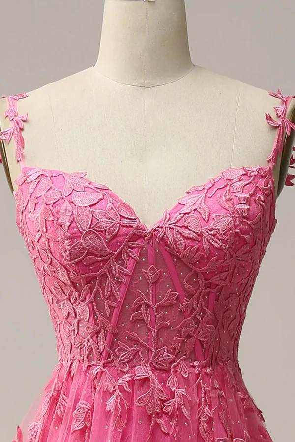 Sexy Fushia En Dentelle Fleur Fendue devant Robe De Bal 2024 Princesse Bretelles Spaghetti Sans Manches Dos Nu Longue Robe De Ceremonie
