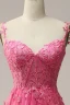 Sexy Fushia En Dentelle Fleur Fendue devant Robe De Bal 2024 Princesse Bretelles Spaghetti Sans Manches Dos Nu Longue Robe De Ceremonie