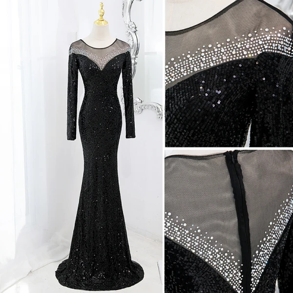Charmant Scintillantes Noire Faux Diamant Paillettes Robe De Soirée 2022 Trompette / Sirène Encolure Dégagée Manches Longues Train De Balayage Soirée Robe De Ceremonie
