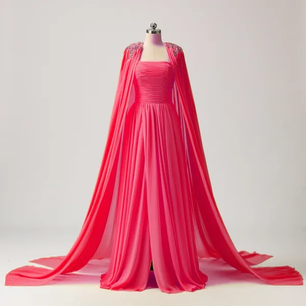 Atemberaubend Gelb Chiffon Gespaltete Front Ballkleider Mit Umhang 2024 Neckholder Festliche Kleider Reißverschluss Rüschen Lange Ärmellos A Linie