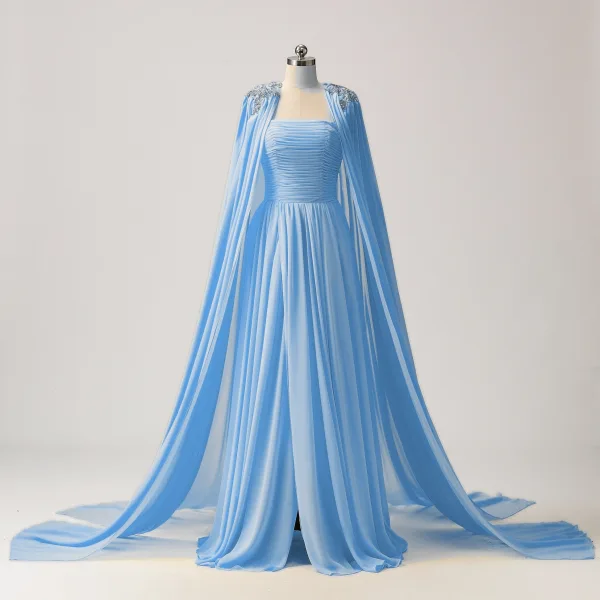 Atemberaubend Gelb Chiffon Gespaltete Front Ballkleider Mit Umhang 2024 Neckholder Festliche Kleider Reißverschluss Rüschen Lange Ärmellos A Linie