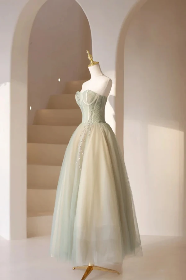 Charming Sage Green Beading Prom Dresses 2024 A-Line / Princess Strapless Sleeveless Backless Floor-Length / Long Formal Dresses