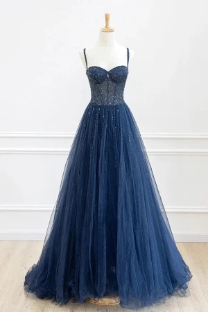 Vintage Originale Bleu Marine Fait Main Perlage Étoile Paillettes Robe De Bal 2024 Princesse Bretelles Spaghetti Sans Manches Dos Nu Longue Promo Robe De Ceremonie