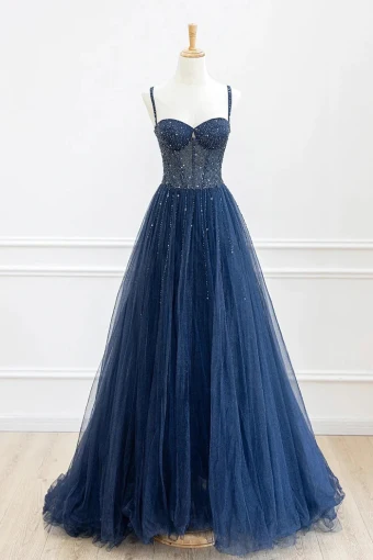 Vintage Originale Bleu Marine Fait Main Perlage Étoile Paillettes Robe De Bal 2024 Princesse Bretelles Spaghetti Sans Manches Dos Nu Longue Promo Robe De Ceremonie