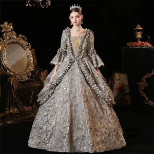 Vintage Retro Medieval Grey Floor Length Long Prom Dresses 2023 Crossed Straps With Cloak 3d Lace Embroidered Floral 3 4 Sleeve Ball Gown Formal Dresses
