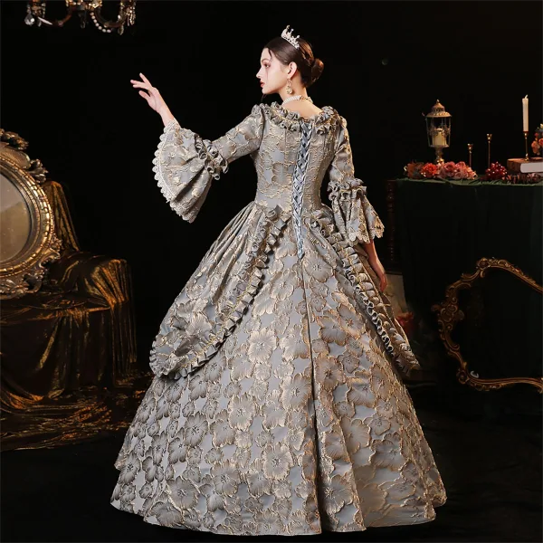 Vintage / Retro Medieval Grey Floor-Length / Long Prom Dresses 2023 Crossed Straps With Cloak 3D Lace Embroidered Floral 3/4 Sleeve Ball Gown Formal Dresses