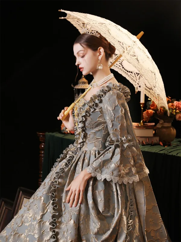 Vintage / Retro Medieval Grey Floor-Length / Long Prom Dresses 2023 Crossed Straps With Cloak 3D Lace Embroidered Floral 3/4 Sleeve Ball Gown Formal Dresses
