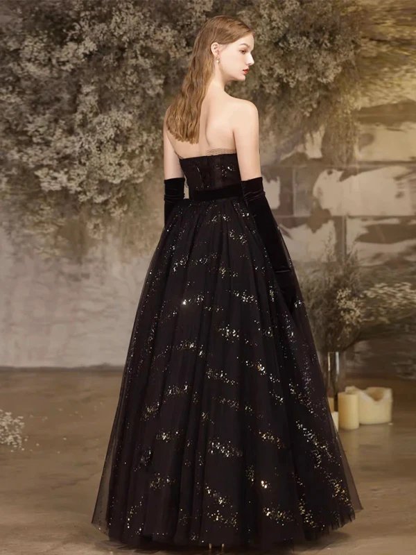 Sexy Black Glitter Sequins Prom Dresses 2024 A-Line / Princess Strapless Sleeveless Backless Floor-Length / Long Formal Dresses