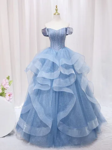 Sparkly Sky Blue Beading Sequins Cascading Ruffles Prom Dresses 2024 Ball Gown Off The Shoulder Short Sleeve Backless Floor Length Long Formal Dresses
