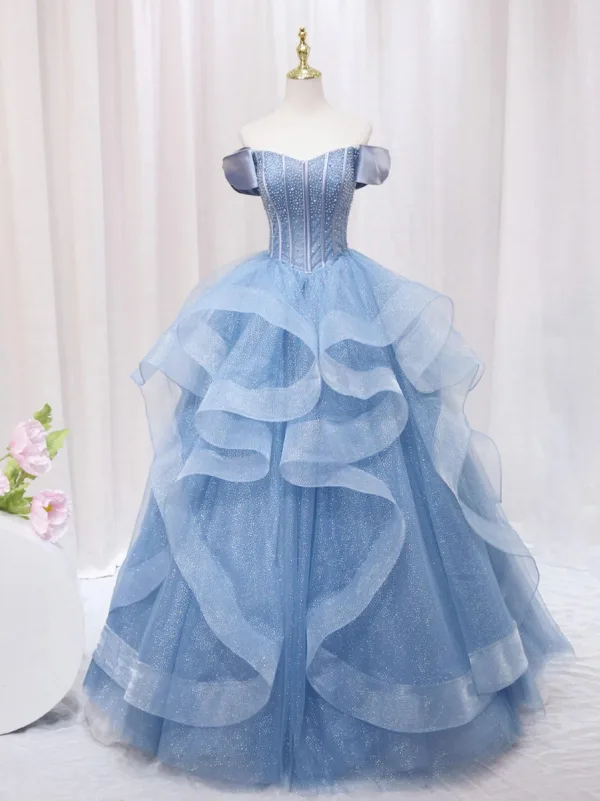 Scintillantes Bleu Ciel Perlage Paillettes Volants en Cascade Robe De Bal 2024 Robe Boule De l'épaule Manches Courtes Dos Nu Longue Robe De Ceremonie
