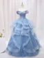 Scintillantes Bleu Ciel Perlage Paillettes Volants en Cascade Robe De Bal 2024 Robe Boule De l'épaule Manches Courtes Dos Nu Longue Robe De Ceremonie