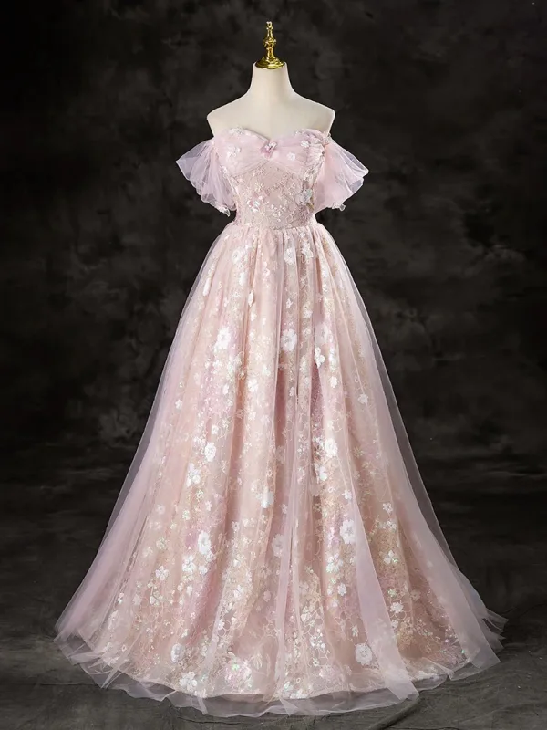 Charming Lavender Appliques Beading Pearl Sequins Prom Dresses 2023 A-Line / Princess Off-The-Shoulder Sleeveless Backless Floor-Length / Long Prom Formal Dresses