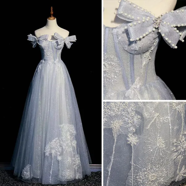 Himmelblau Charmant Strass Perle Pailletten Ballkleider 2022 A Linie Off Shoulder Schleife Kurze Ärmel Rückenfreies Lange Ball Festliche Kleider