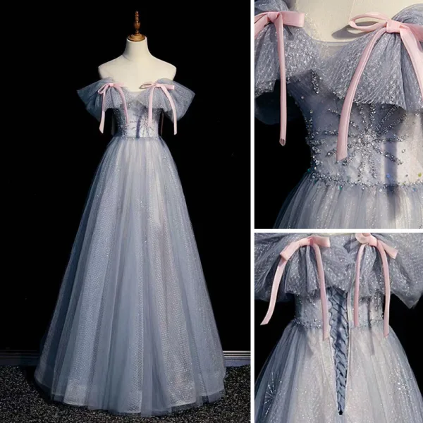 Fashion Sky Blue Beading Sequins Bow Prom Dresses 2022 A-Line / Princess Strapless Short Sleeve Backless Floor-Length / Long Prom Formal Dresses