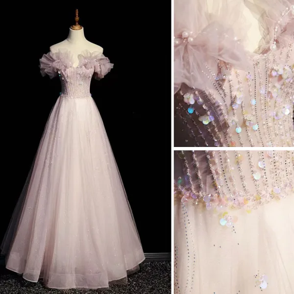 Chic / Belle Rougissant Rose Robe De Bal 2022 Princesse Volants Bustier Sans Manches Dos Nu Perlage Paillettes Longue Promo Robe De Ceremonie