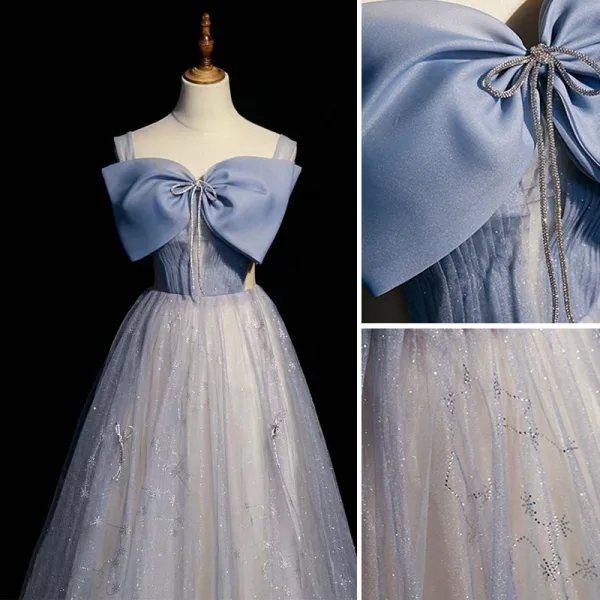 Élégant Bleu Ciel Noeud Glitter Paillettes Robe De Bal 2022 Princesse Encolure Carrée Sans Manches Dos Nu Longue Promo Robe De Ceremonie