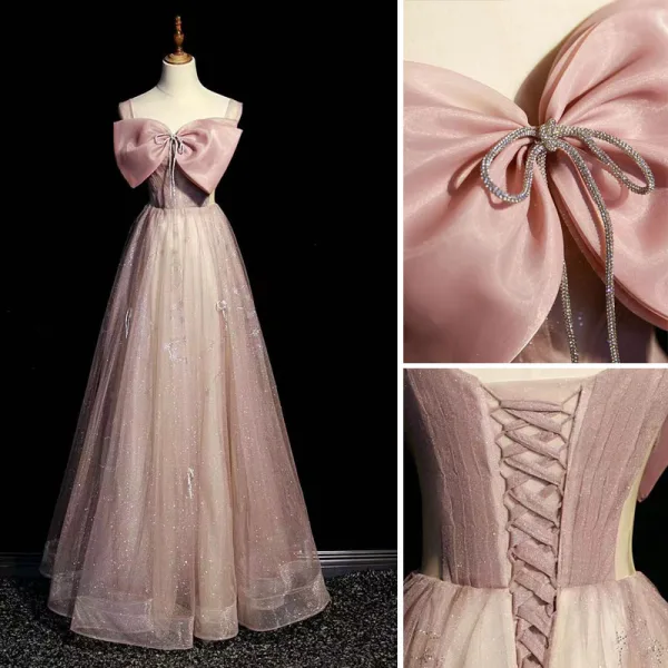 Elegante Rosa Strass Schleife Pailletten Ballkleider 2022 A Linie Eckiger Ausschnitt Ärmellos Rückenfreies Lange Ball Festliche Kleider