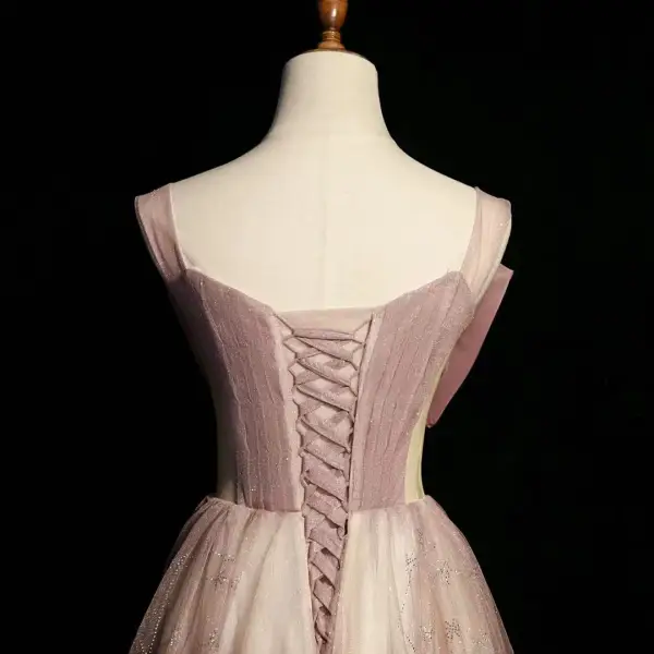 Elegante Rosa Strass Schleife Pailletten Ballkleider 2022 A Linie Eckiger Ausschnitt Ärmellos Rückenfreies Lange Ball Festliche Kleider