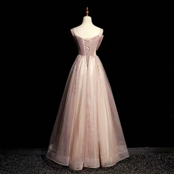 Elegante Rosa Strass Schleife Pailletten Ballkleider 2022 A Linie Eckiger Ausschnitt Ärmellos Rückenfreies Lange Ball Festliche Kleider