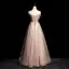 Elegante Rosa Strass Schleife Pailletten Ballkleider 2022 A Linie Eckiger Ausschnitt Ärmellos Rückenfreies Lange Ball Festliche Kleider