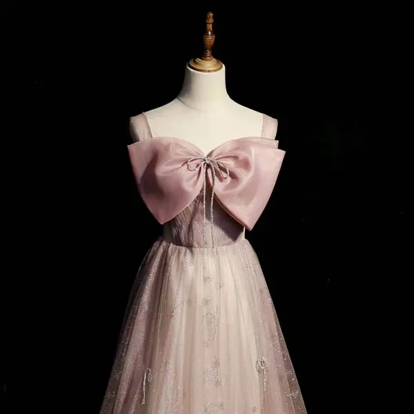 Elegante Rosa Strass Schleife Pailletten Ballkleider 2022 A Linie Eckiger Ausschnitt Ärmellos Rückenfreies Lange Ball Festliche Kleider