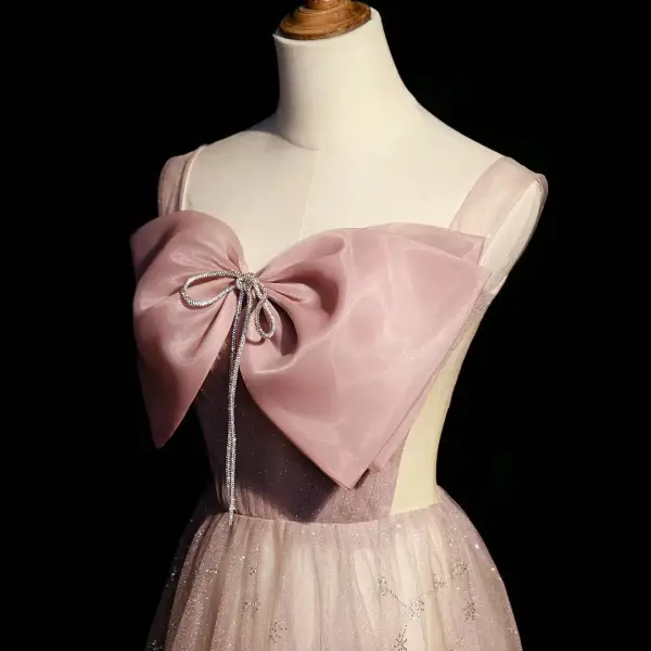 Elegante Rosa Strass Schleife Pailletten Ballkleider 2022 A Linie Eckiger Ausschnitt Ärmellos Rückenfreies Lange Ball Festliche Kleider