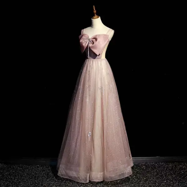 Elegante Rosa Strass Schleife Pailletten Ballkleider 2022 A Linie Eckiger Ausschnitt Ärmellos Rückenfreies Lange Ball Festliche Kleider