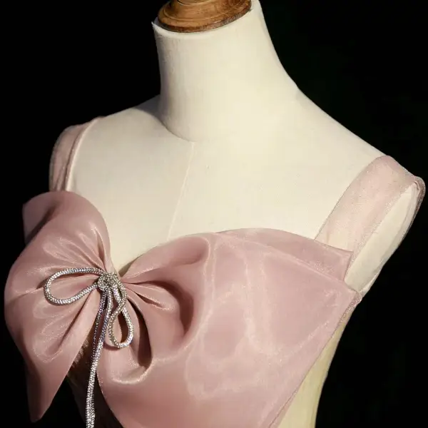 Elegante Rosa Strass Schleife Pailletten Ballkleider 2022 A Linie Eckiger Ausschnitt Ärmellos Rückenfreies Lange Ball Festliche Kleider