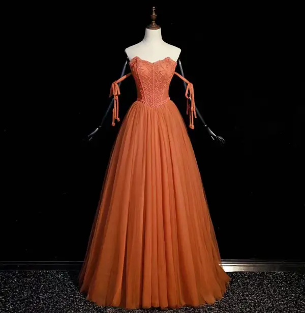 Chic / Beautiful Orange Beading Pearl Prom Dresses 2022 A-Line / Princess  Strapless Sleeveless Backless Floor-Length / Long Prom Formal Dresses