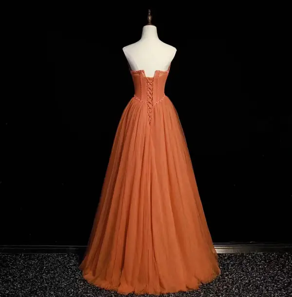 Chic / Beautiful Orange Beading Pearl Prom Dresses 2022 A-Line / Princess Strapless Sleeveless Backless Floor-Length / Long Prom Formal Dresses