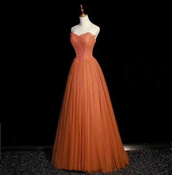 Chic / Beautiful Orange Beading Pearl Prom Dresses 2022 A-Line / Princess Strapless Sleeveless Backless Floor-Length / Long Prom Formal Dresses