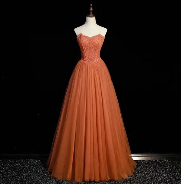 Chic / Beautiful Orange Beading Pearl Prom Dresses 2022 A-Line / Princess Strapless Sleeveless Backless Floor-Length / Long Prom Formal Dresses