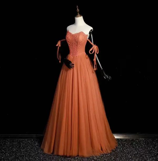 Chic / Beautiful Orange Beading Pearl Prom Dresses 2022 A-Line / Princess Strapless Sleeveless Backless Floor-Length / Long Prom Formal Dresses
