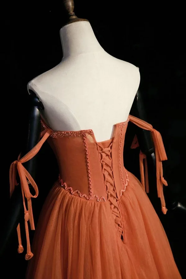 Chic / Beautiful Orange Beading Pearl Prom Dresses 2022 A-Line / Princess Strapless Sleeveless Backless Floor-Length / Long Prom Formal Dresses