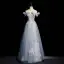 Himmelblau Charmant Strass Perle Pailletten Ballkleider 2022 A Linie Off Shoulder Schleife Kurze Ärmel Rückenfreies Lange Ball Festliche Kleider