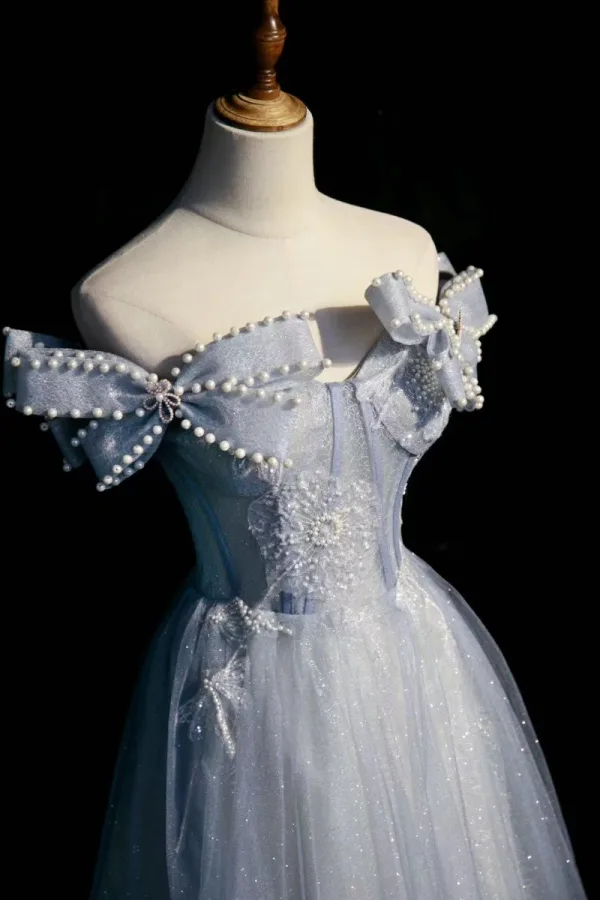 Himmelblau Charmant Strass Perle Pailletten Ballkleider 2022 A Linie Off Shoulder Schleife Kurze Ärmel Rückenfreies Lange Ball Festliche Kleider