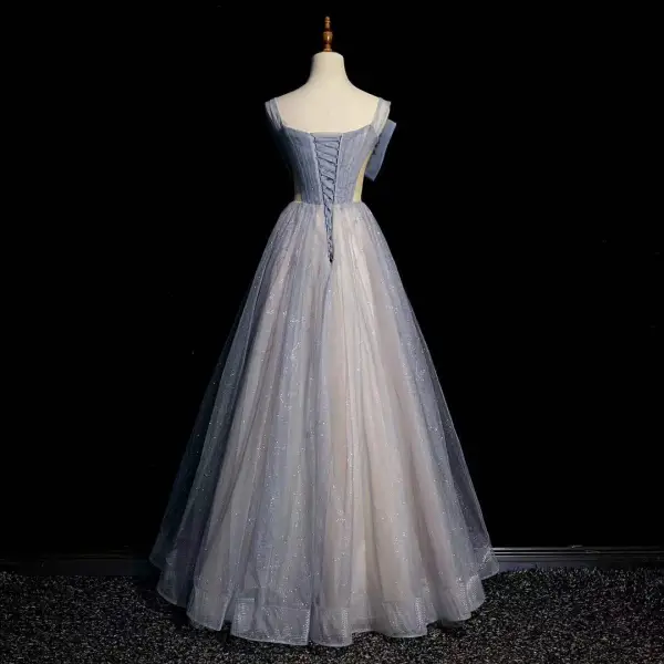 Élégant Bleu Ciel Noeud Glitter Paillettes Robe De Bal 2022 Princesse Encolure Carrée Sans Manches Dos Nu Longue Promo Robe De Ceremonie