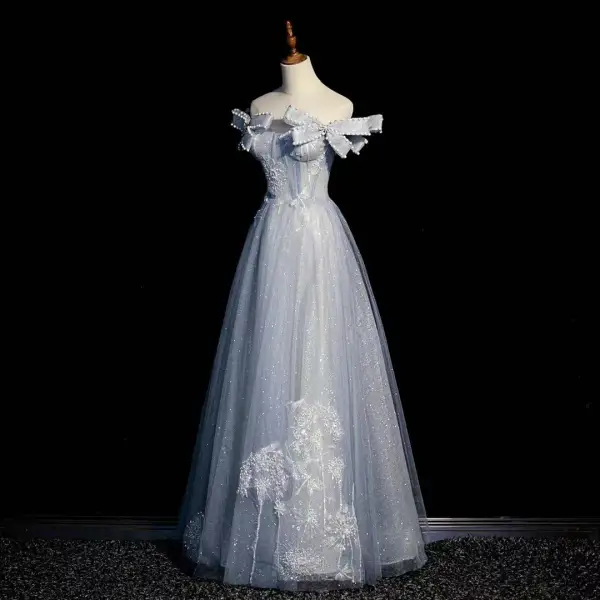 Himmelblau Charmant Strass Perle Pailletten Ballkleider 2022 A Linie Off Shoulder Schleife Kurze Ärmel Rückenfreies Lange Ball Festliche Kleider